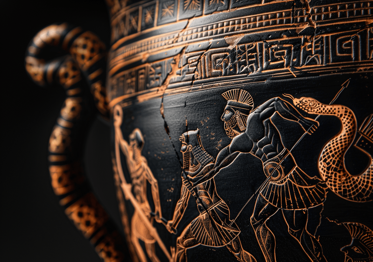 AI generated: A black ancient Greek storage jar depicting a battle, men who fight against each other with spears, ...