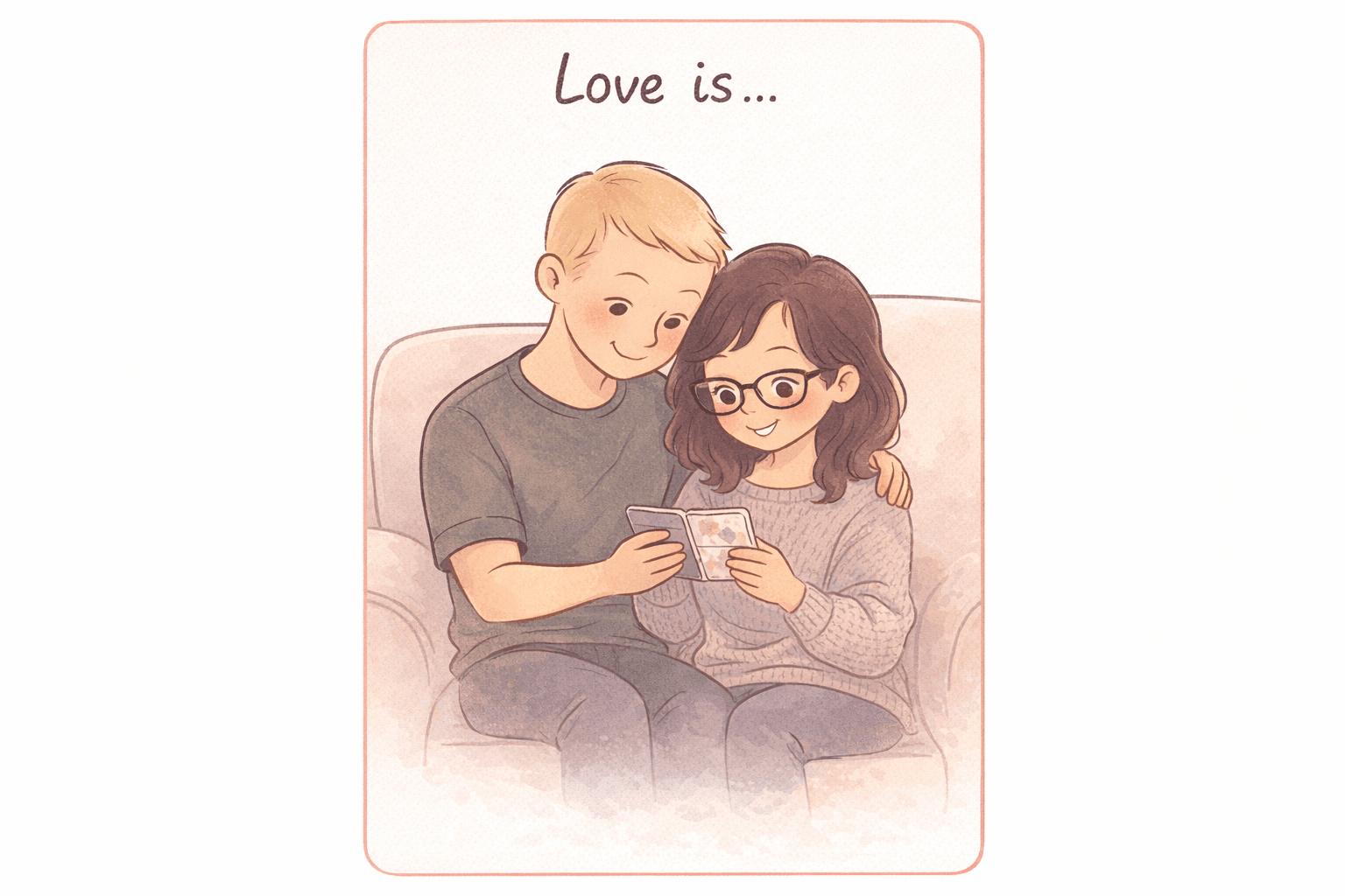 AI generated: A tender, heartwarming illustration in the iconic "Love is..." card style. Vertical rectangular digi...