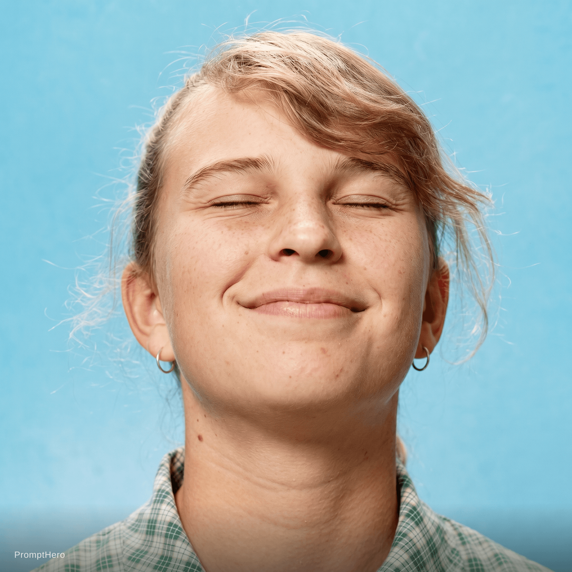 AI generated: Portrait of a blond 16 year old girl, she is smiling gently with her mouth closed, her eyes are tigh...