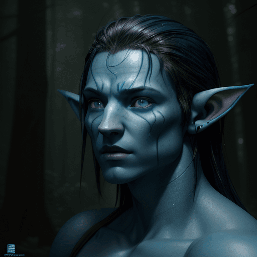 AI generated: Photo of a Avatar, Blue skin, one set of elvish ears blue, black hair, male, green eyes realistic, d...