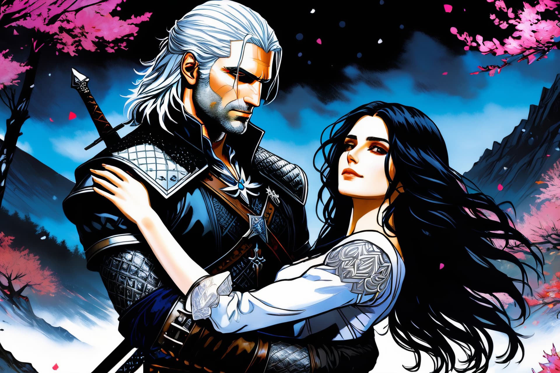 AI generated: masterpiece,best quality, manga style Geralt and Yennefer from The Witcher 3 game, Geralt holding Ye...