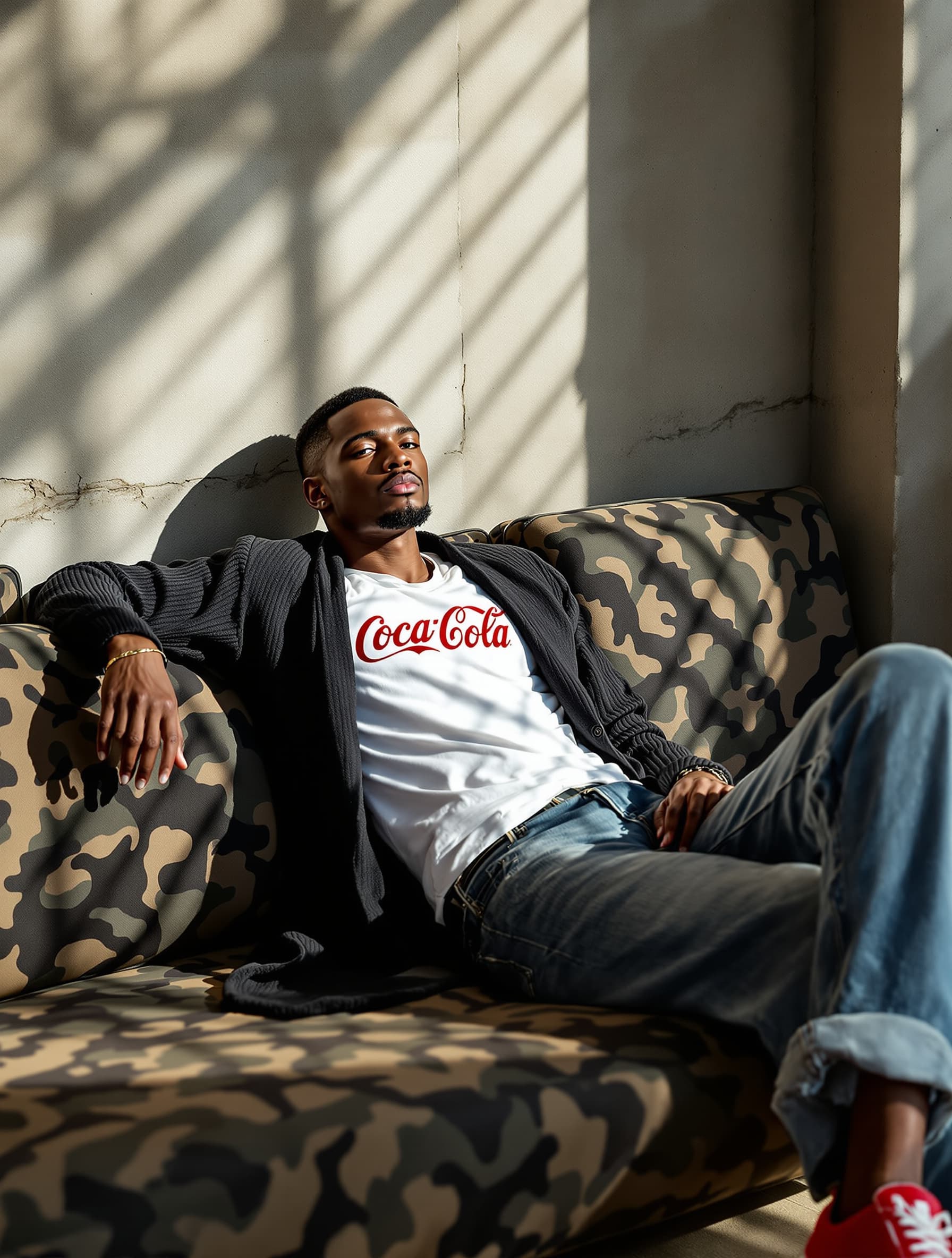 AI generated: photography, magazine cover, tilt shot, male, black model lounging on a worn camouflage sofa, casual...