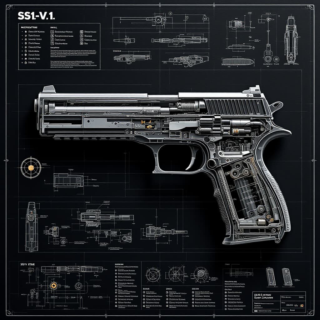 AI generated: SS1-V1 Kal. 5,56 mm pistol schematic showcasing a cutaway design that reveals its internal structure...