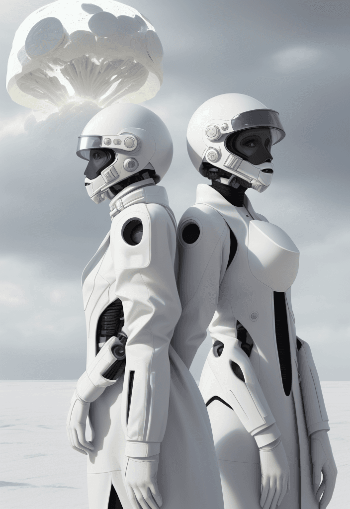AI generated: two people with unusual white helmets that completely cover their heads, they are dressed in white c...