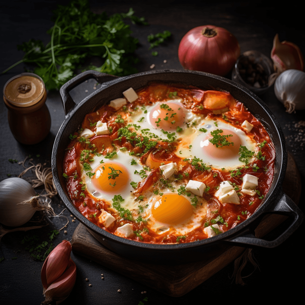 AI generated: Food photography, shakshuka, top view,in a luxurious Michelin kitchen style, studio lighting, depth ...