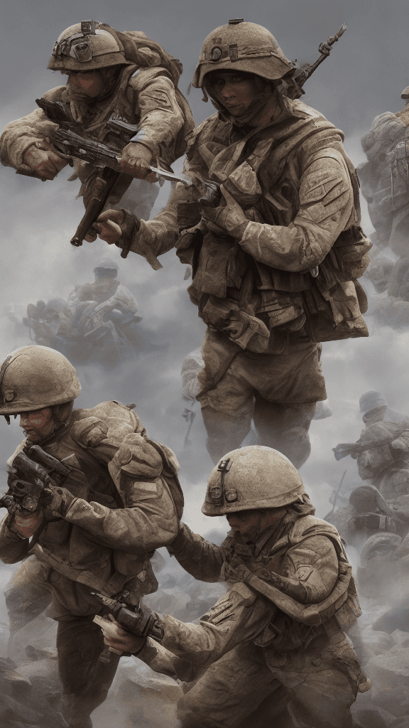 AI generated: world war soldiers helping each other scene courage and resilience. octane render, trending on artst...