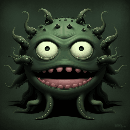 AI generated: Scary dark green monster, round head, no body, big toothy mouth, no eyes, many tentacles, green crac...