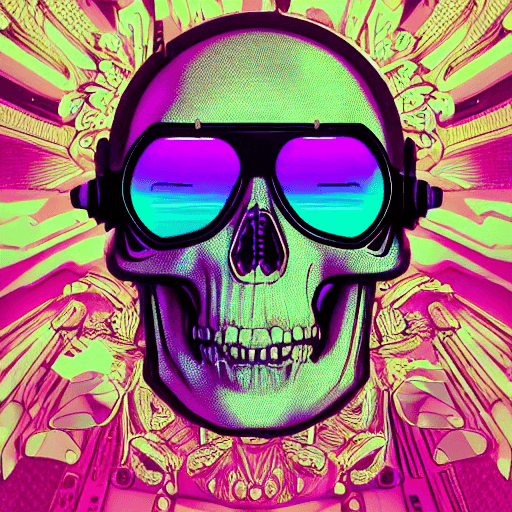 AI generated: synthwave, a crystal skull with flowers | with cyberglasses neon, and earphone,dj sound,side profile...