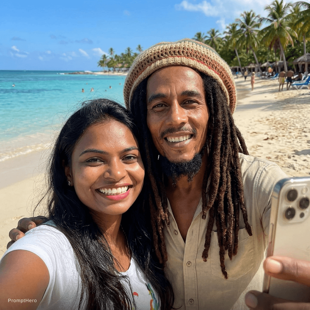 AI generated: with bob marley at a tropical beach, sunny day, both smiling