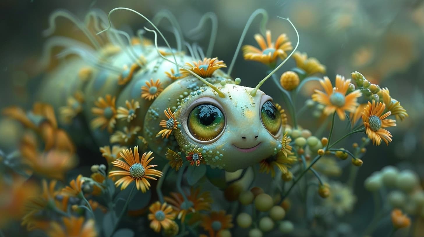 AI generated: The cute and plump caterpillar in the style of ray caesar. --ar 16:9 --style raw --stylize 555