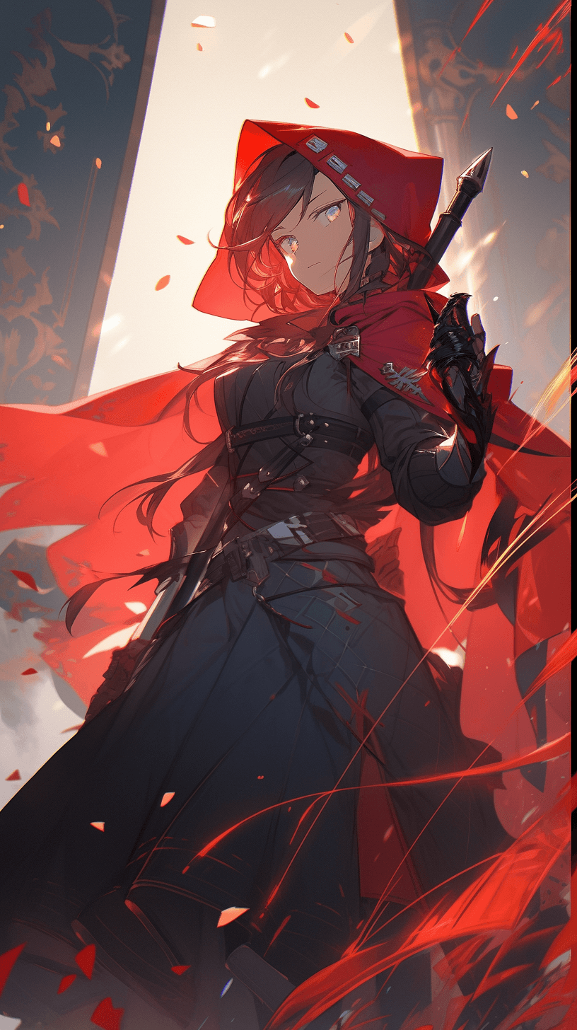 AI generated: Waist up, fierce warrior costume, bold black clothing, fiery red clothing, large crimson cape, long ...