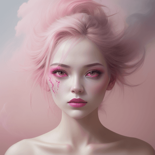 AI generated: portrait of a woman covered in cloud of smoke, whirlwind, pink highlight colors, pink make-up, hints...