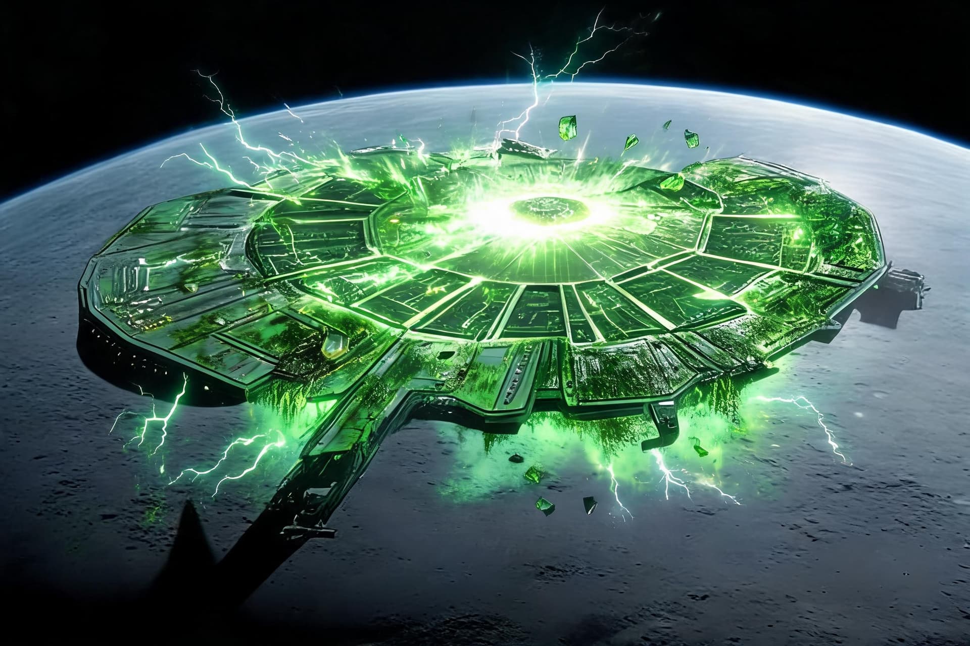 AI generated: Show the base from reference image 1, emanating in a green glow. As if infected by reference image 2...