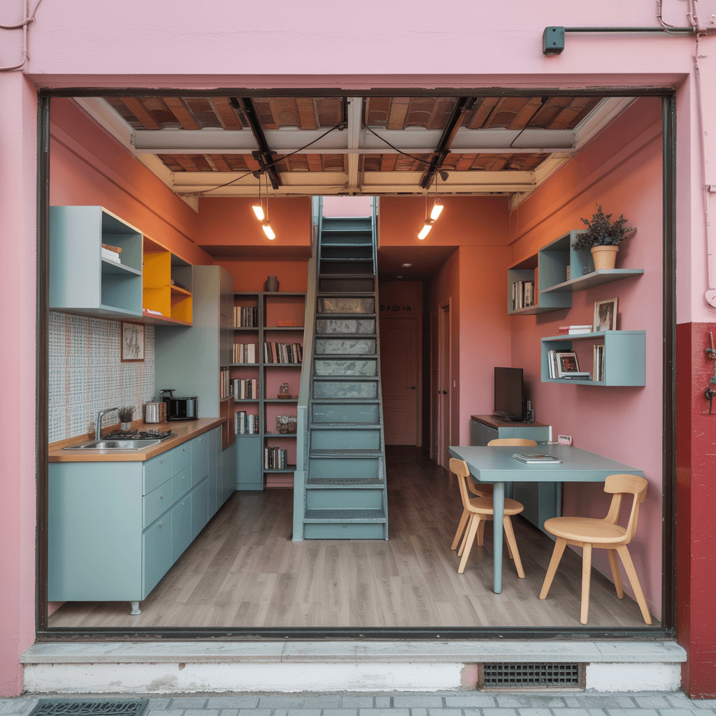 AI generated: The interior of a ground floor, two-story, single-room space in Kozani Greece, approximately 65m² th...