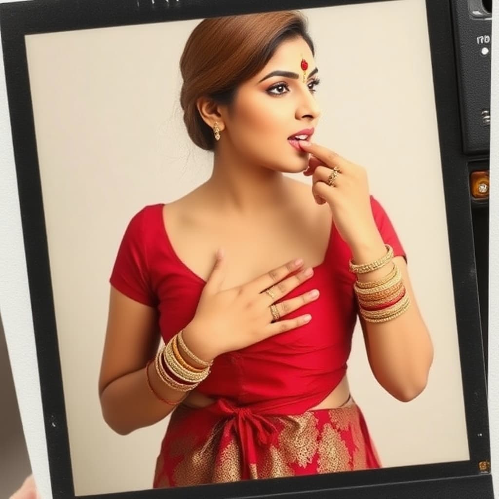 AI generated: nayanthara,  one hand on chest,biting her lip, 18-21 years old, brown hair, Indian hair style, saree...