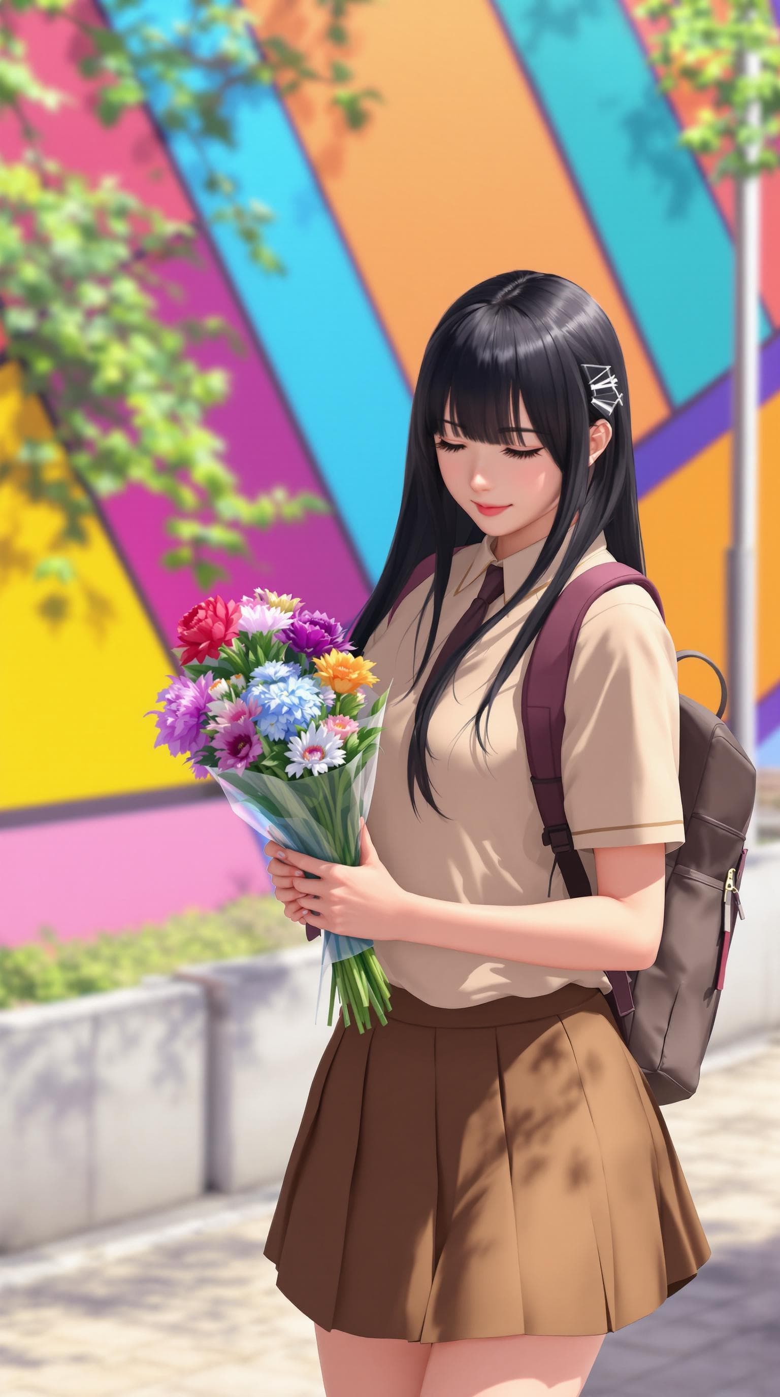 AI generated: In the image, a anime realistic is seen walking outdoors, Lowering the face to the side right down, ...