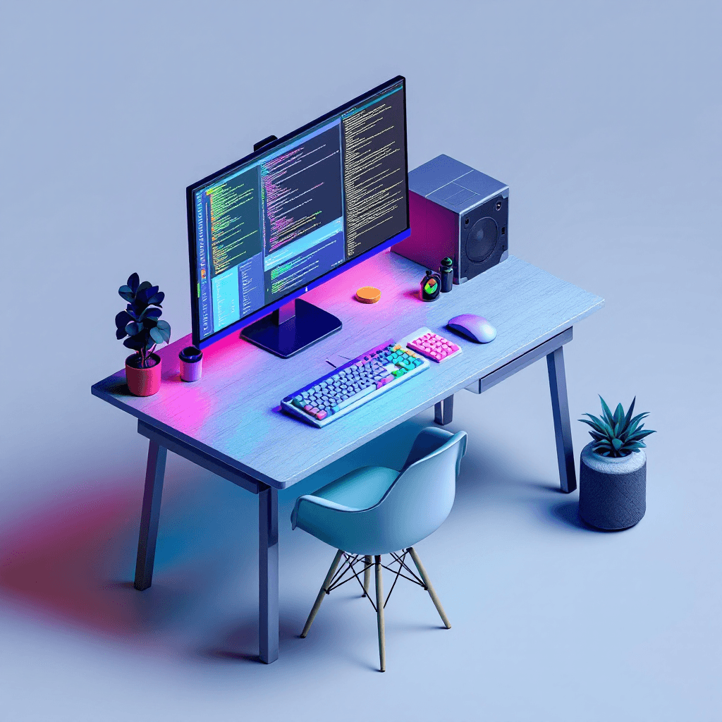 AI generated: Programmer Desk
Monitor with code, Mechanical Keyboard
Cool tones, RGB accent
3D minimal pastel clay...