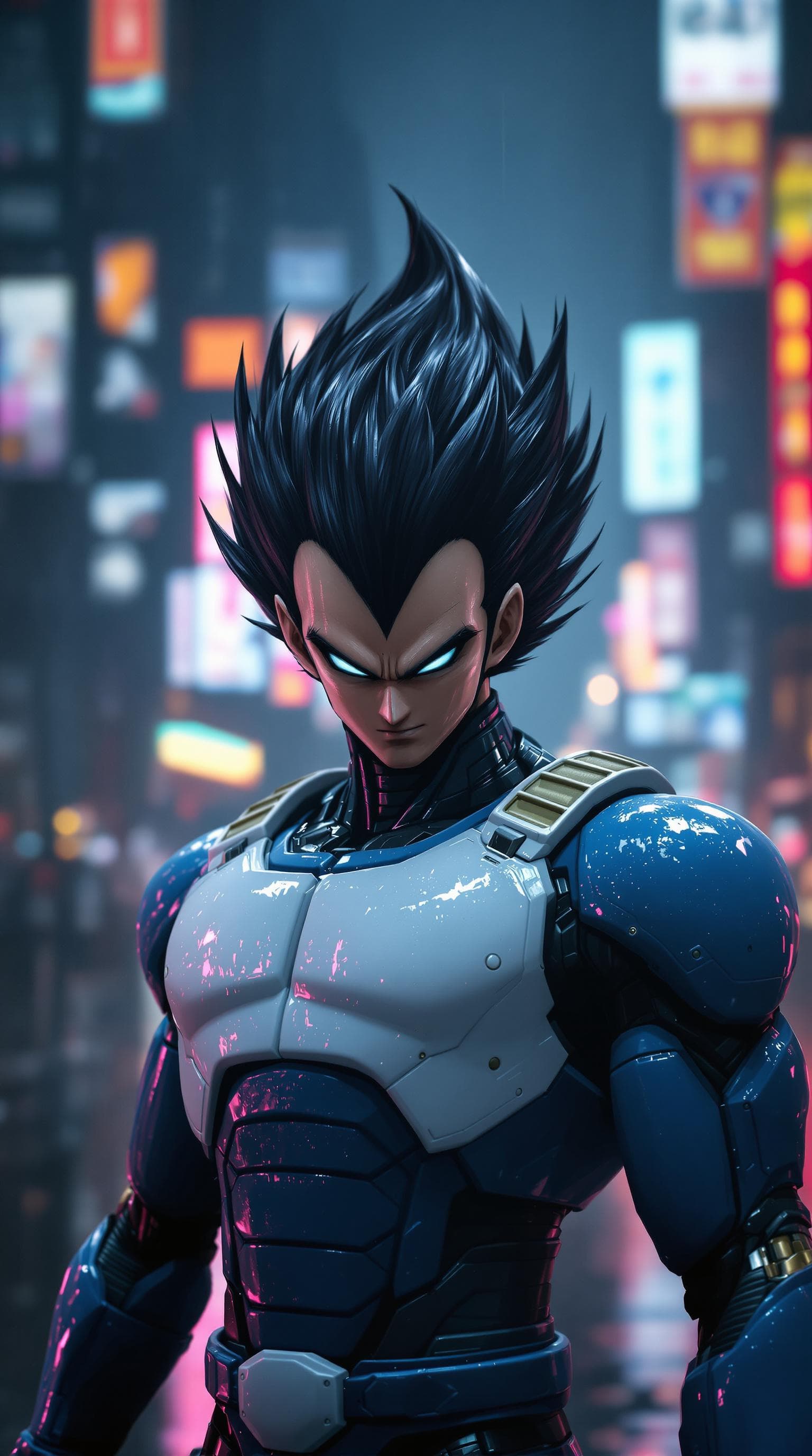 AI generated: Cyborg version of anime Vegeta with black hair posing in a dystopian city in the rain, with hitech  ...
