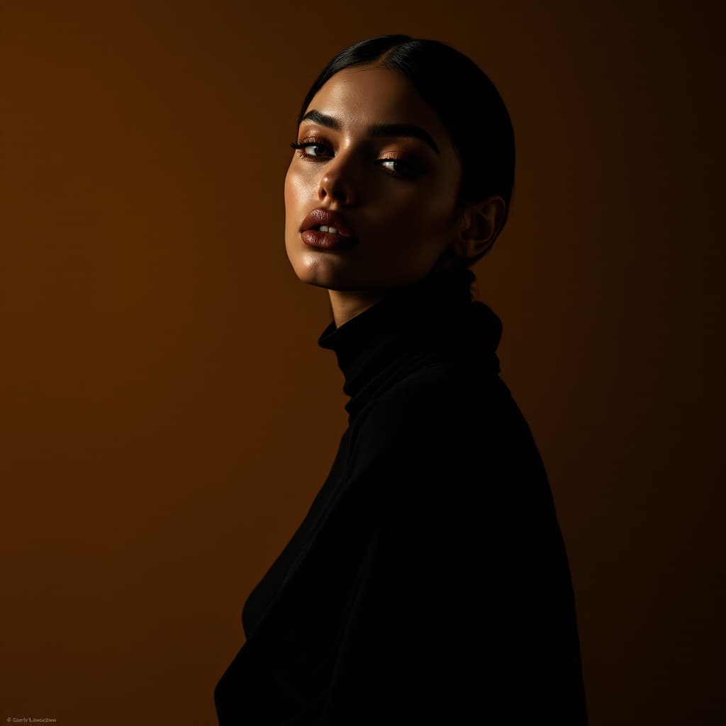 AI generated: fashion editorial photography, front shot, upper body, professional female model, shot with hasselbl...