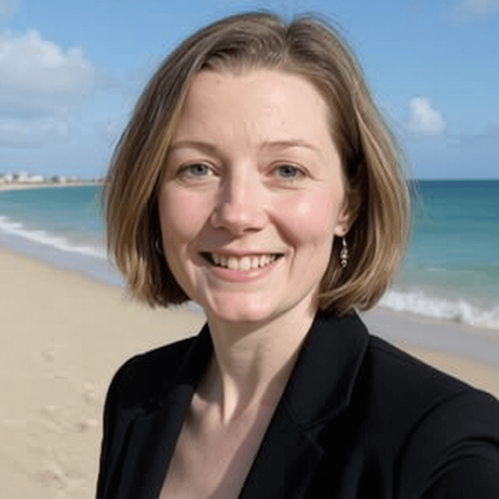 AI generated: Forty years old mom at the beach looking at me with a smile