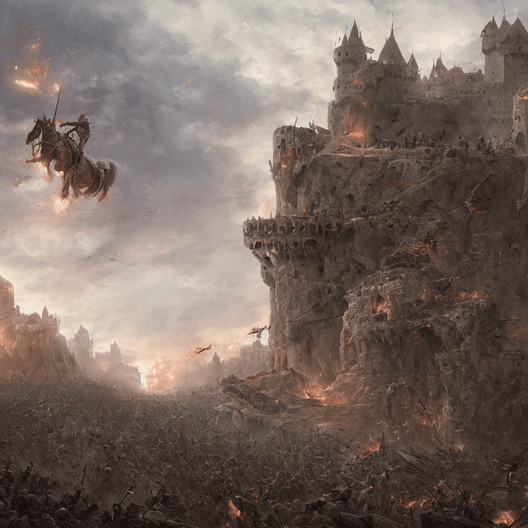 AI generated: army defending stone bridge of a castle from a large attacking force, digital art, 4 k, epic, intens...