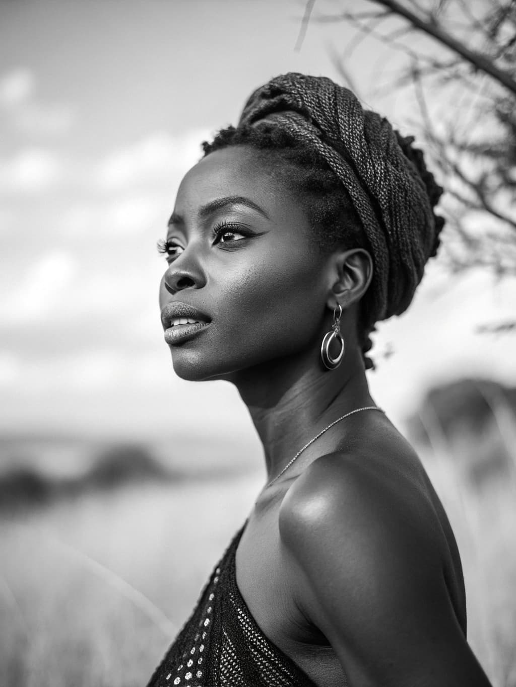 AI generated: Create an image for me that fits DIN A4. A beautiful woman with an african background. It should be ...