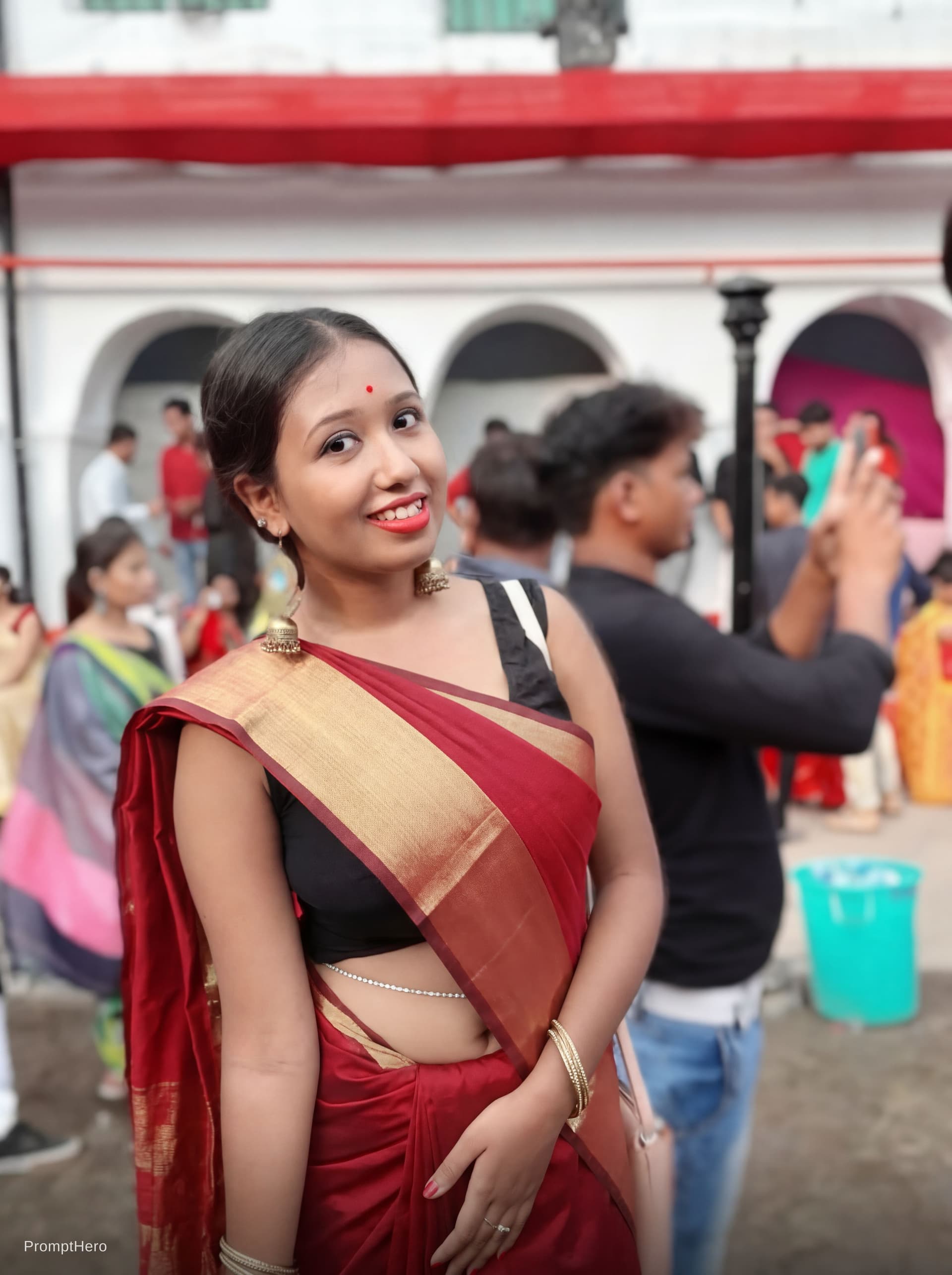 AI generated: Replace the woman's saree colour into red but don't cover her navel same like this.