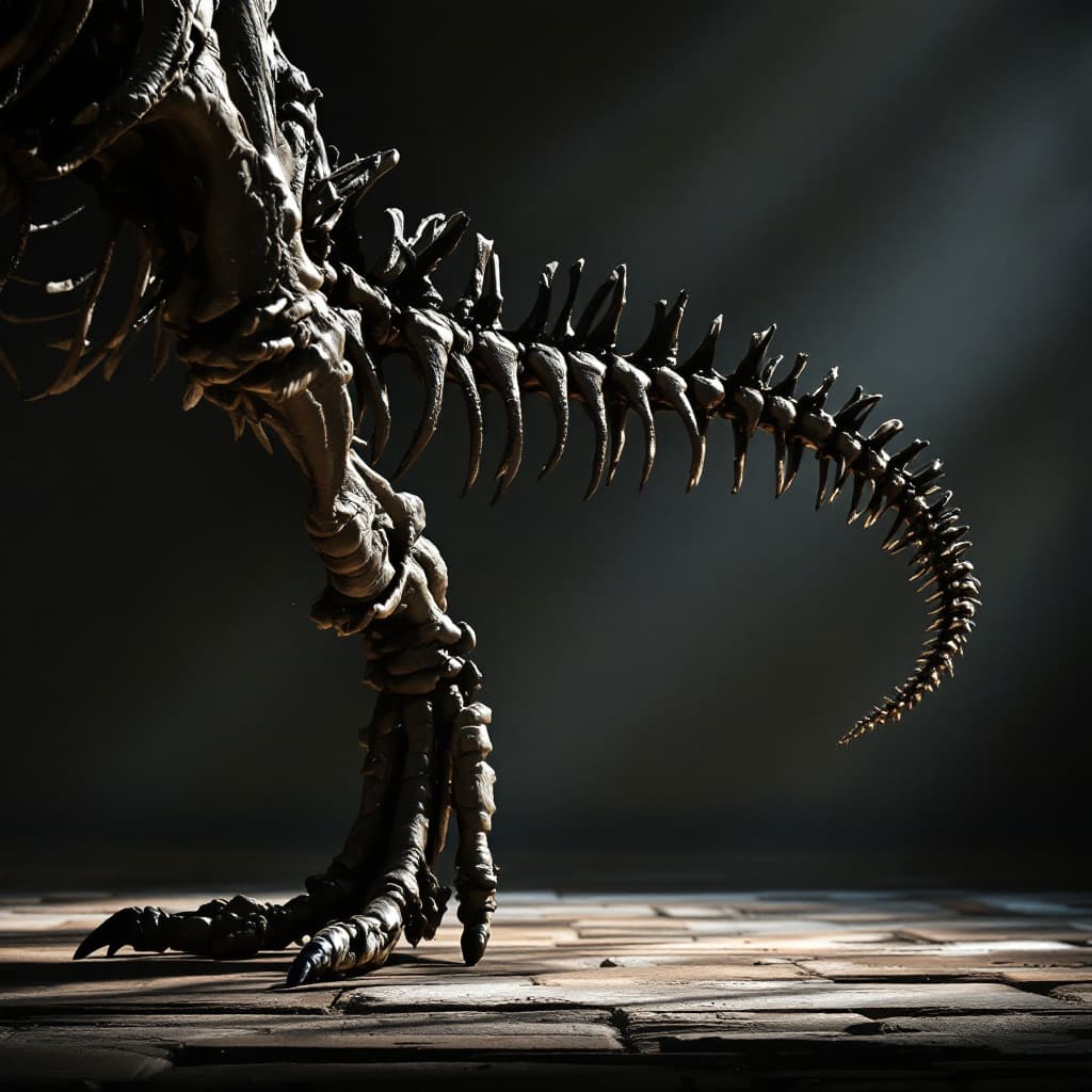 AI generated: T rex skeleton tail, dramatic lighting