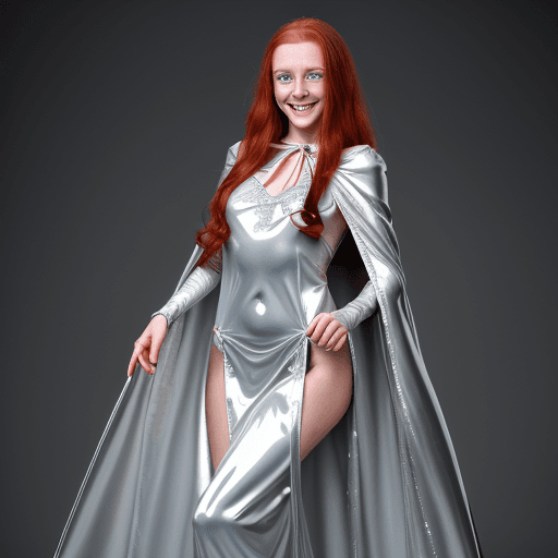 AI generated: young white irish woman smiling, wearing a floor length glossy silver cloak tied at the neck with ri...