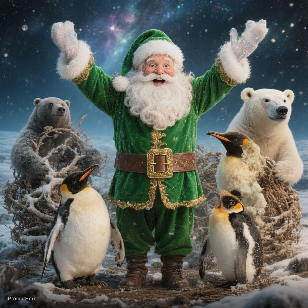 AI generated: GENERAME UNA IMAGEN DE PAPA NOEL CON TRAJE VERDE EN LA ANTARTIDA ACOMPAÑADO DE LOS DUENDES, PINGUINO...