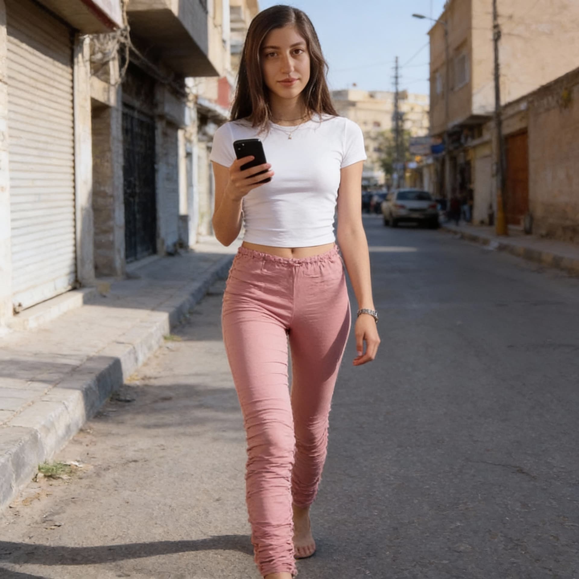 AI generated: A typical photo of a slim, good-looking, brown-haired 18-year-old girl walking down the street of Ir...