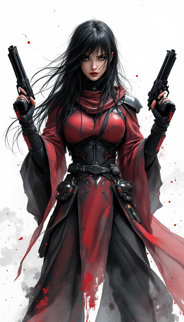 AI generated: 1 woman, dual pistols, long, messy hair, dark ink black hair, white background, solo, looking at vie...