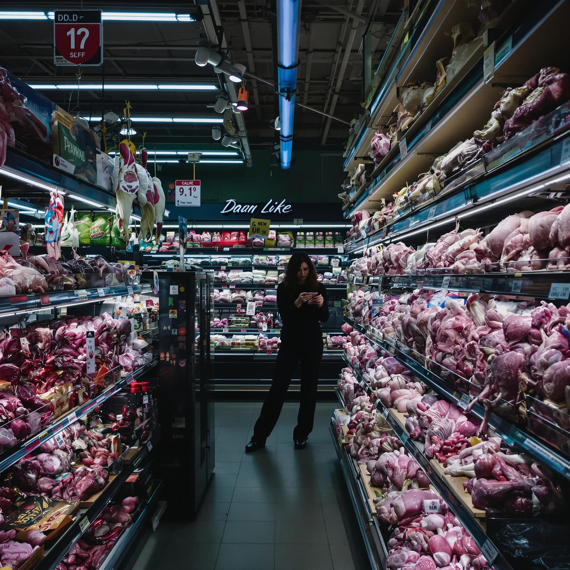 AI generated: imagine a grocery store's vegetable section, standing woman, full body, spooky, melancolía, shelves ...