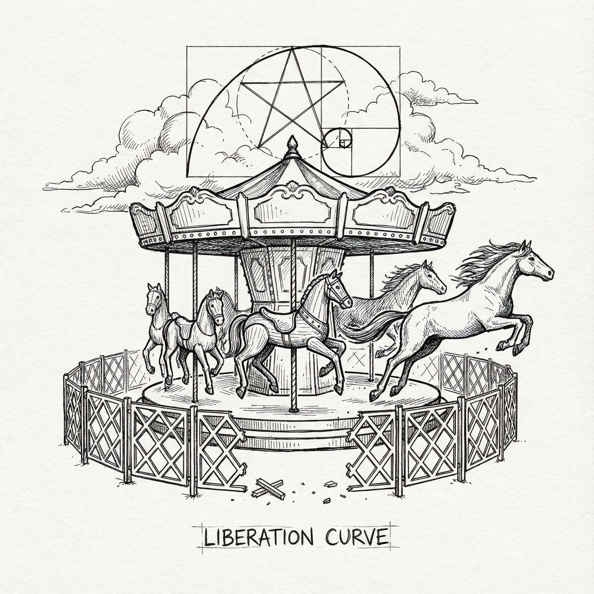 AI generated: Ink drawing, carousel horses becoming wild mustangs, freeing themselves from the circle, Include sim...
