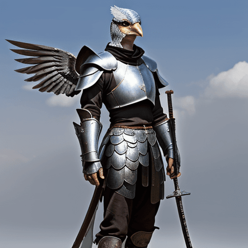 AI generated: Aarakocra swordsman, four gigantic wings, full leather armor