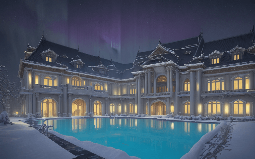 AI generated: snow weather, aurora ,delight night ,a large building with a pool in front of it, ornate retreat, br...