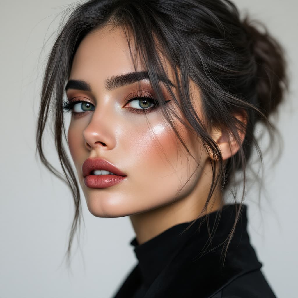 AI generated: Close-up portrait, high fashion editorial portrait of a woman with dark silver brown hair, in the st...