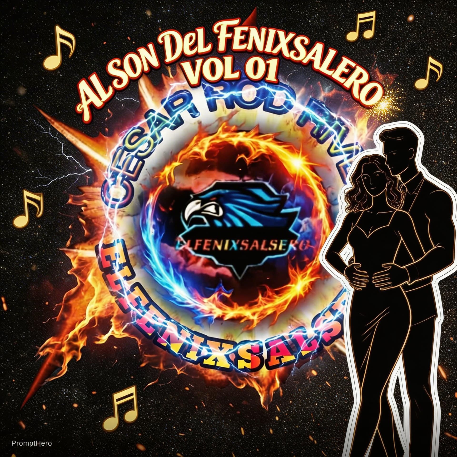 AI generated: diseñar el título "AL SON DEL FENIXSALSERO"," vol 01" arriba del logotipo,en dorado con rojo cromado...