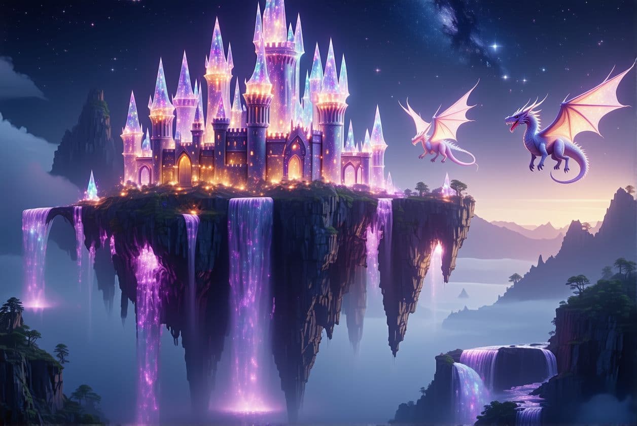 AI generated: A floating castle surrounded by glowing crystal waterfalls cascading into a misty void, ethereal dra...