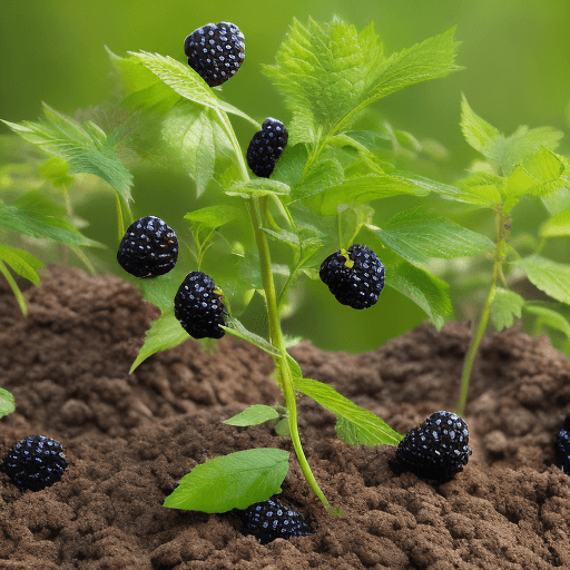 AI generated: High resolution image of a blackberry plant growing from the ground with some foliage and blackberri...