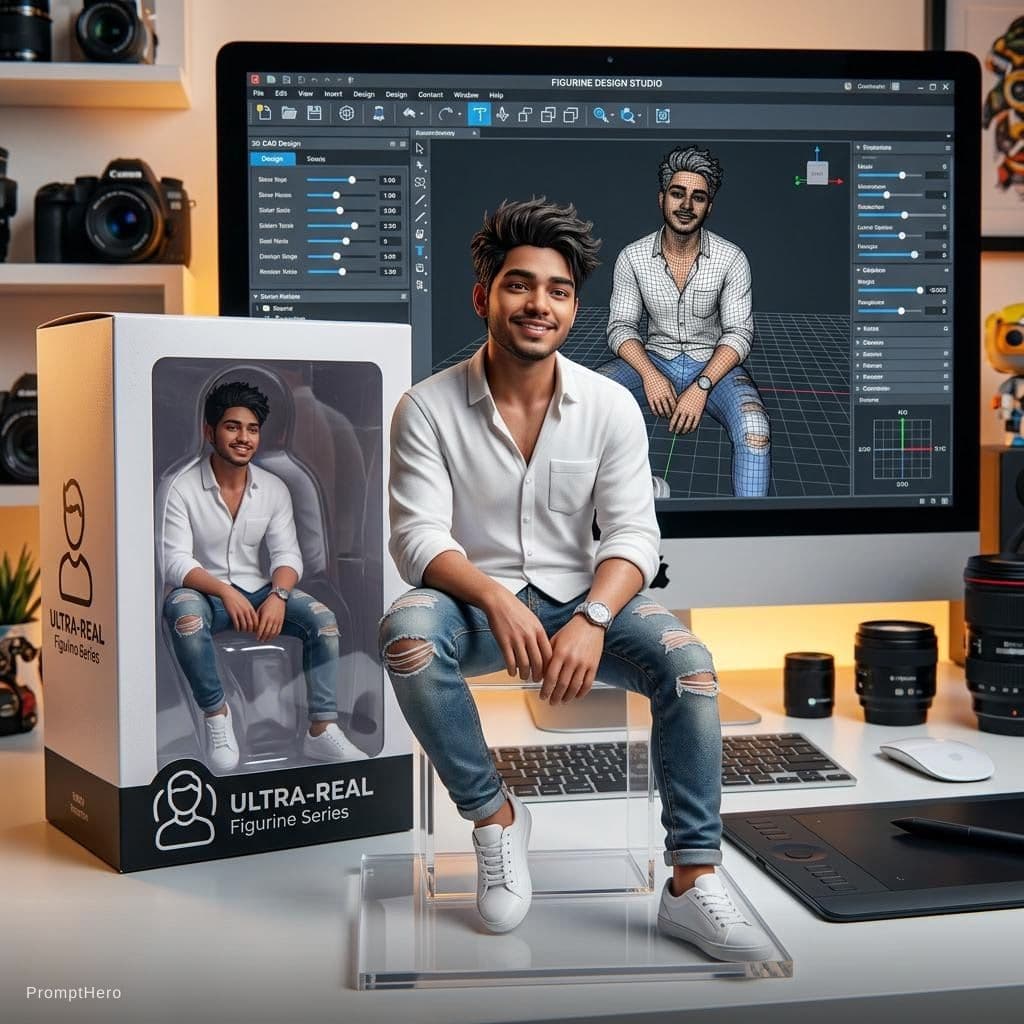 AI generated: Transforming the photographed person into a realistic 3D figurine in front of a computer desk. The c...