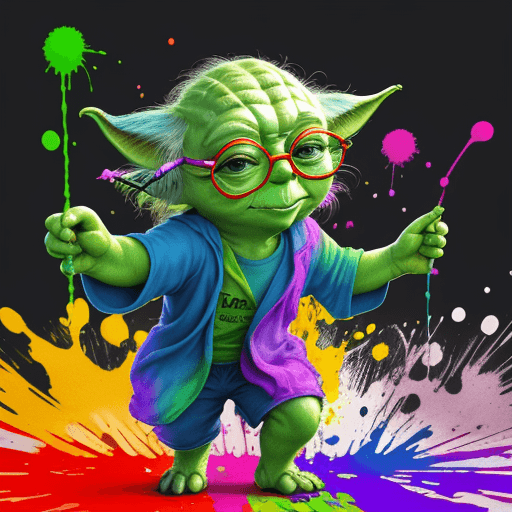 AI generated: tshirt design, colourful, no background, yoda with glasses, dancing at a festival, ink splash, 8k