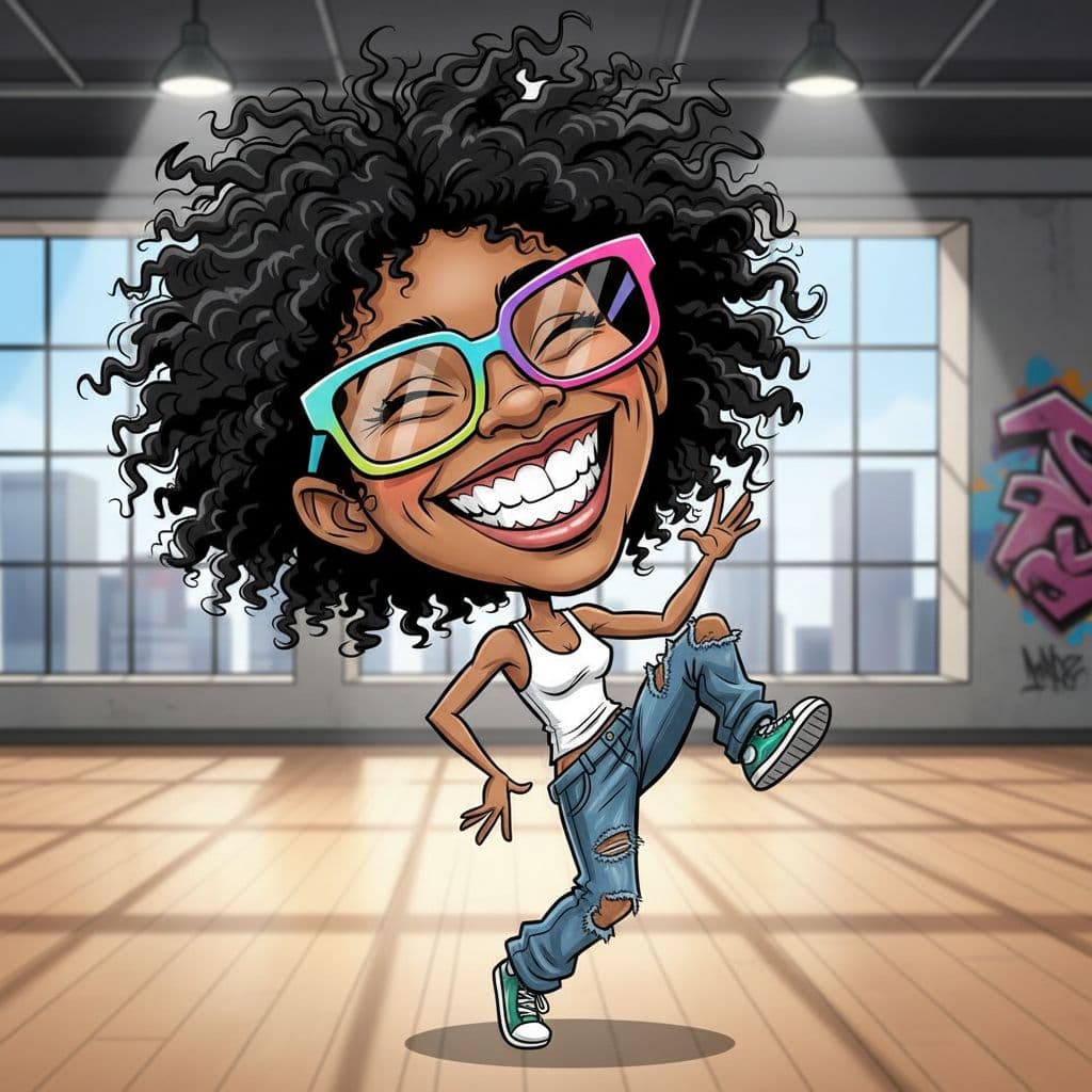 AI generated: funny caricature, hip-hop dancer caricature, young african-american female, 20 years old, big curly ...