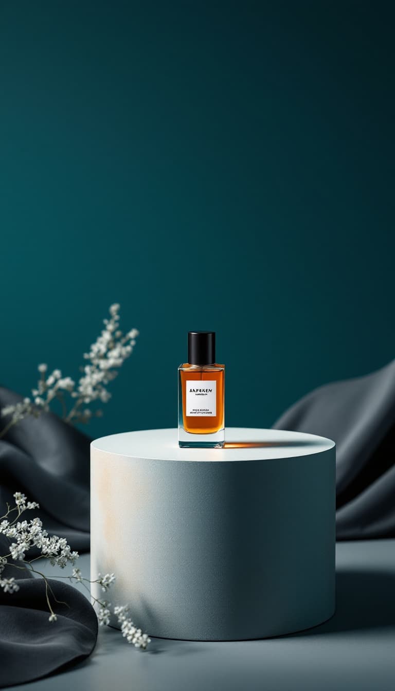 AI generated: photograph, productive view, cylinder podium with perfume, Sony A7R IV with a FE 50mm f/1.2 GM lens,...