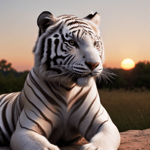 AI generated: A white tiger, cute, realistic, zoomed, sunset, 4k quality 