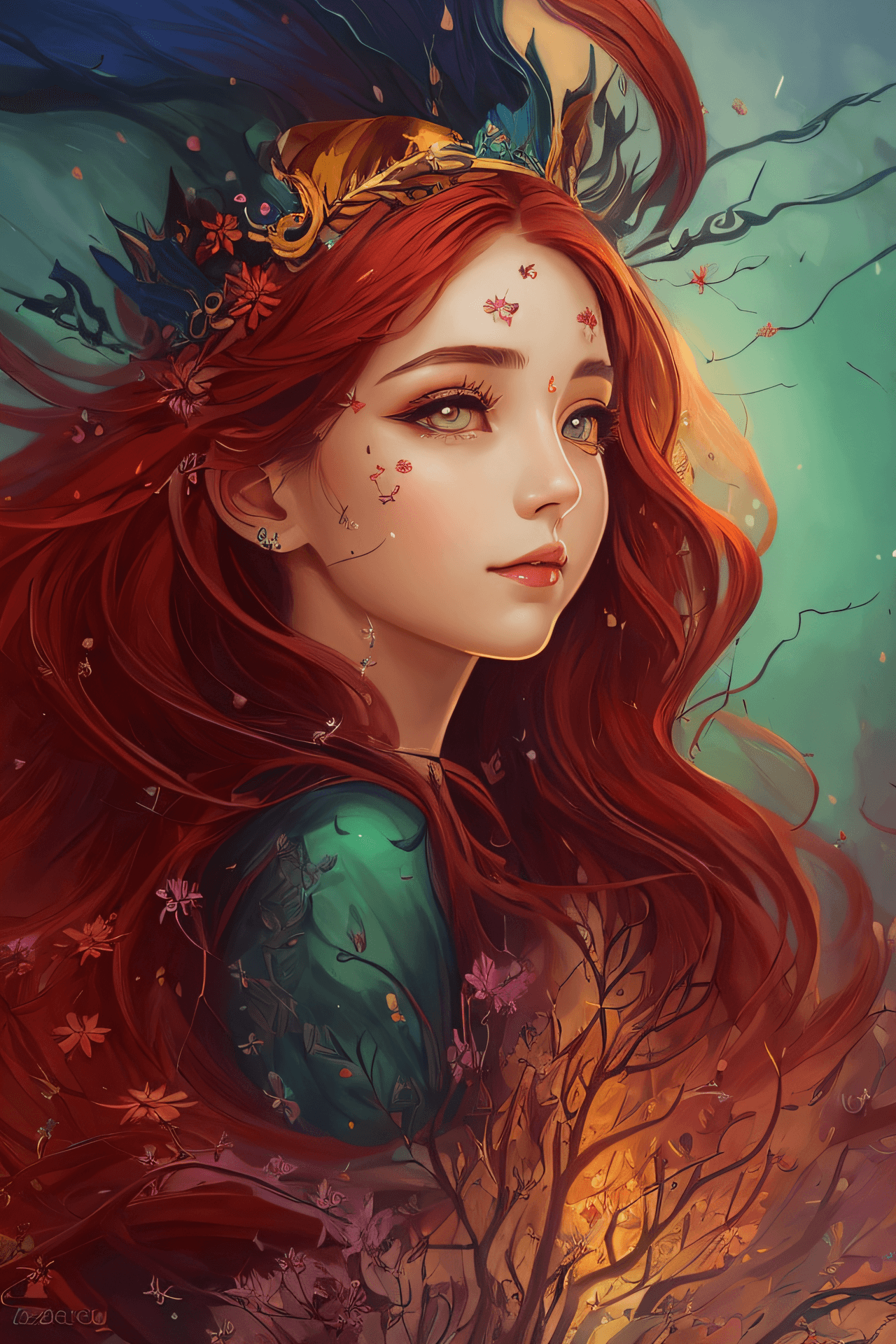 AI generated: a girl with long red hair and a crown of flowers in her hair, beautiful fantasy art portrait, fantas...