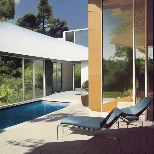 AI generated: Hyper realistic eye level exterior photo of a mid century modern style house overlooking the ocean, ...