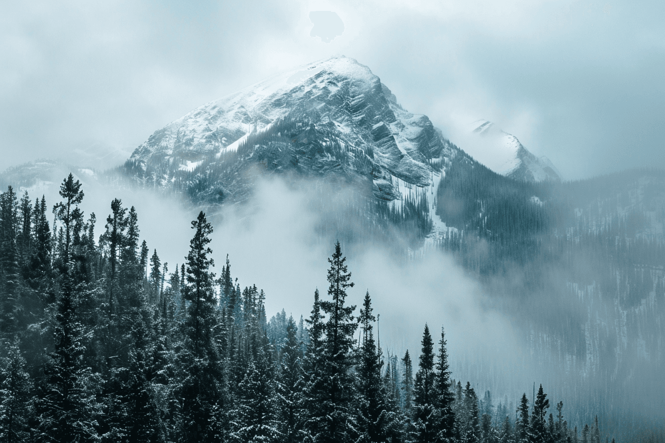 AI generated: A mountain shrouded in mist, surrounded by dense pine forests, captured in the style of Ansel Adams....