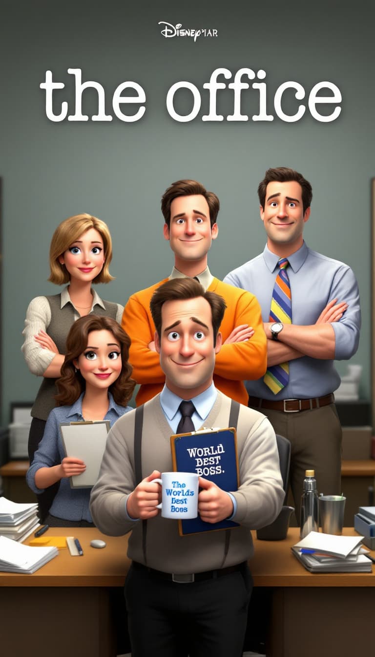 AI generated: A Disney Pixar-style group portrait of the cast members from 'The Office,' arranged in two rows, eac...