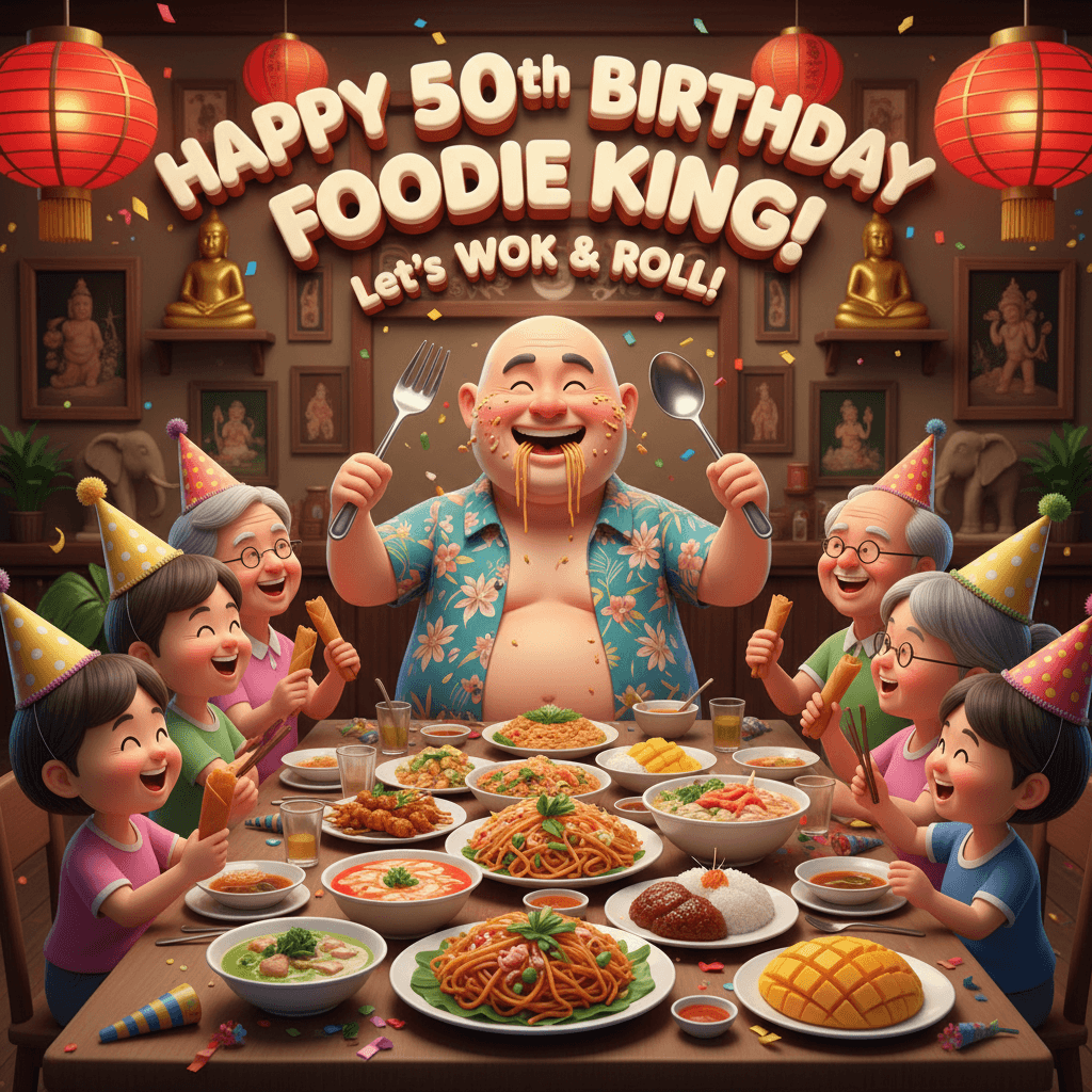 AI generated: create a funny happy birthday 3D image for a 50 years old man (no hair, no beard) who loves to eat t...